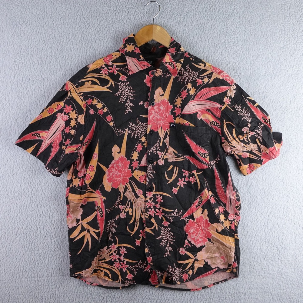 Oakley Mens Floral Tropical Button Front Shirt Black Pink Made in USA Size M